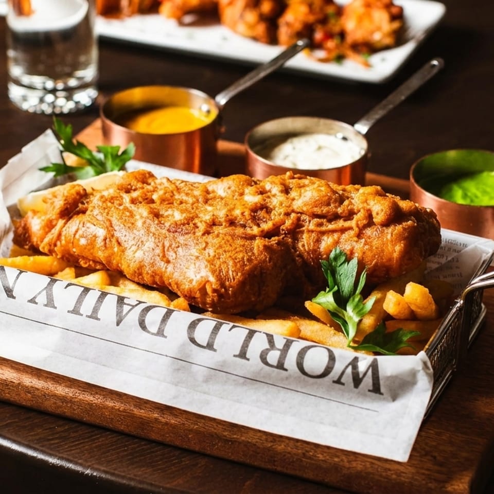 Crispy fish and chips served in a metal basket lined with newspaper, accompanied by three dipping sauces.
