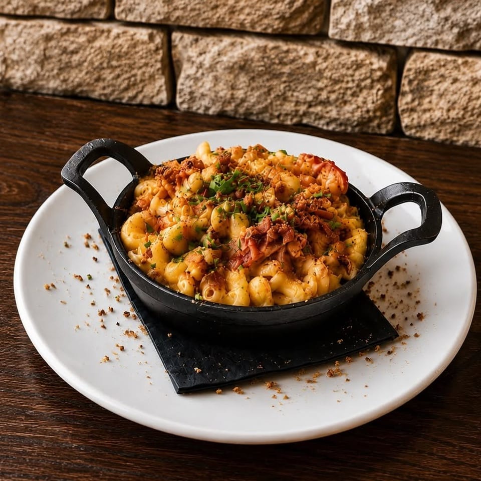 Creamy shell pasta topped with herbs and crispy bacon served in a black skillet on a white plate.