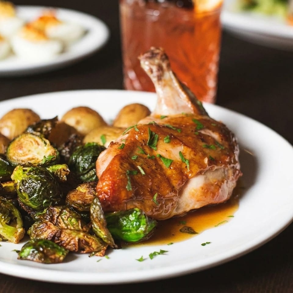 Roasted chicken leg with pan sauce, Brussels sprouts, and potatoes on a white plate, with other dishes and iced tea in the background.