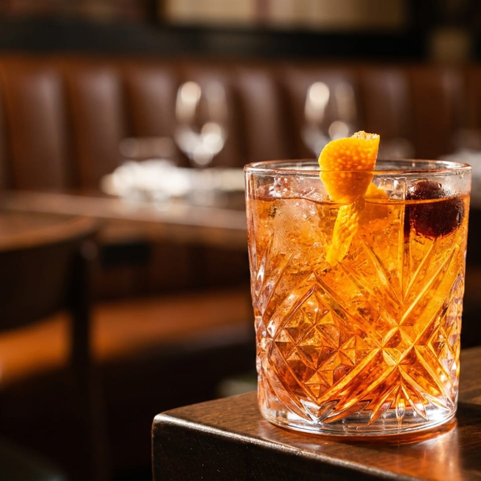 A cocktail with an orange peel and cherry in a cut glass, on a dark wooden bar.
