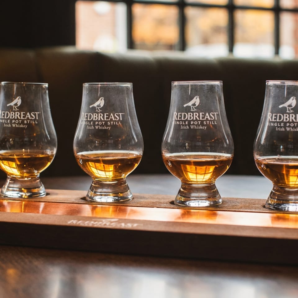 Four glasses of Redbreast Irish Whiskey on a wooden serving board, with a warm, inviting background.