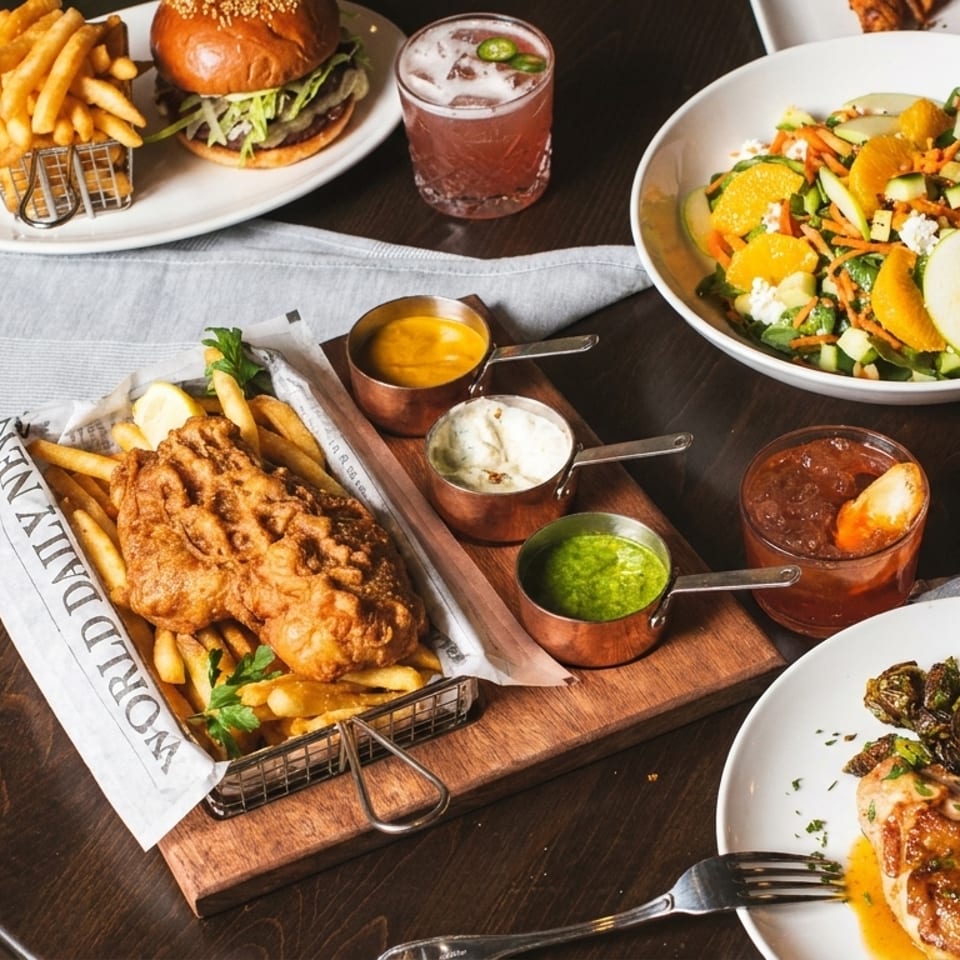 A table spread with fish and chips, a burger, salad, roasted chicken, and cocktails.
