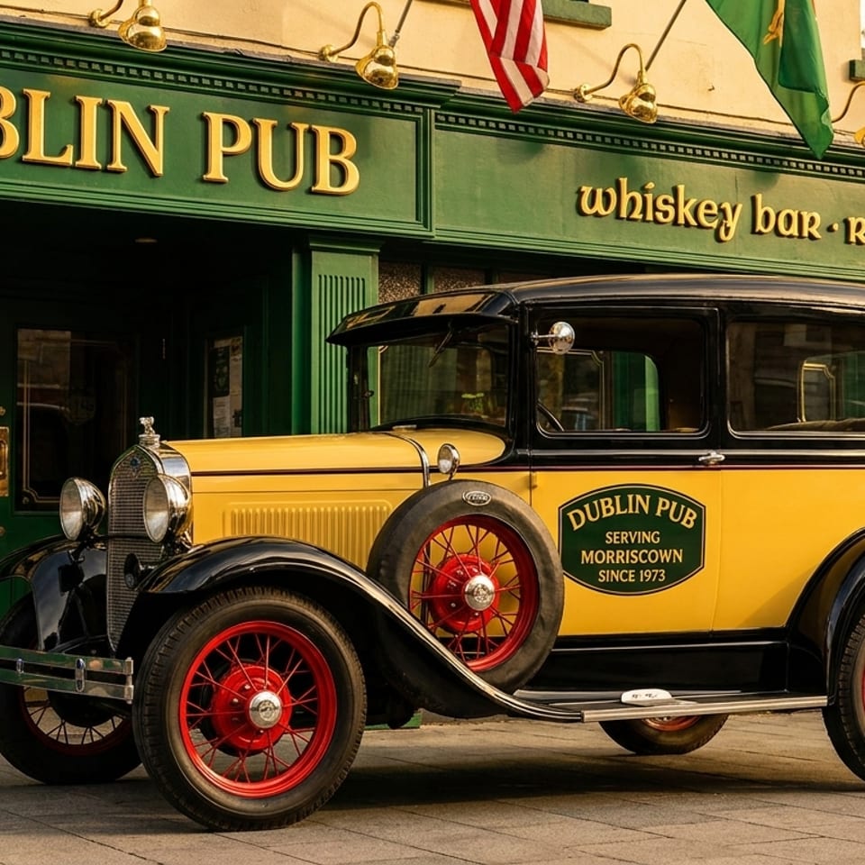 A vintage yellow and black car with red wheels parked in front of the Dublin Pub.