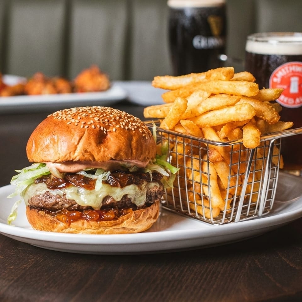 A gourmet burger with melted cheese and caramelized onions, served with a side of crispy fries.