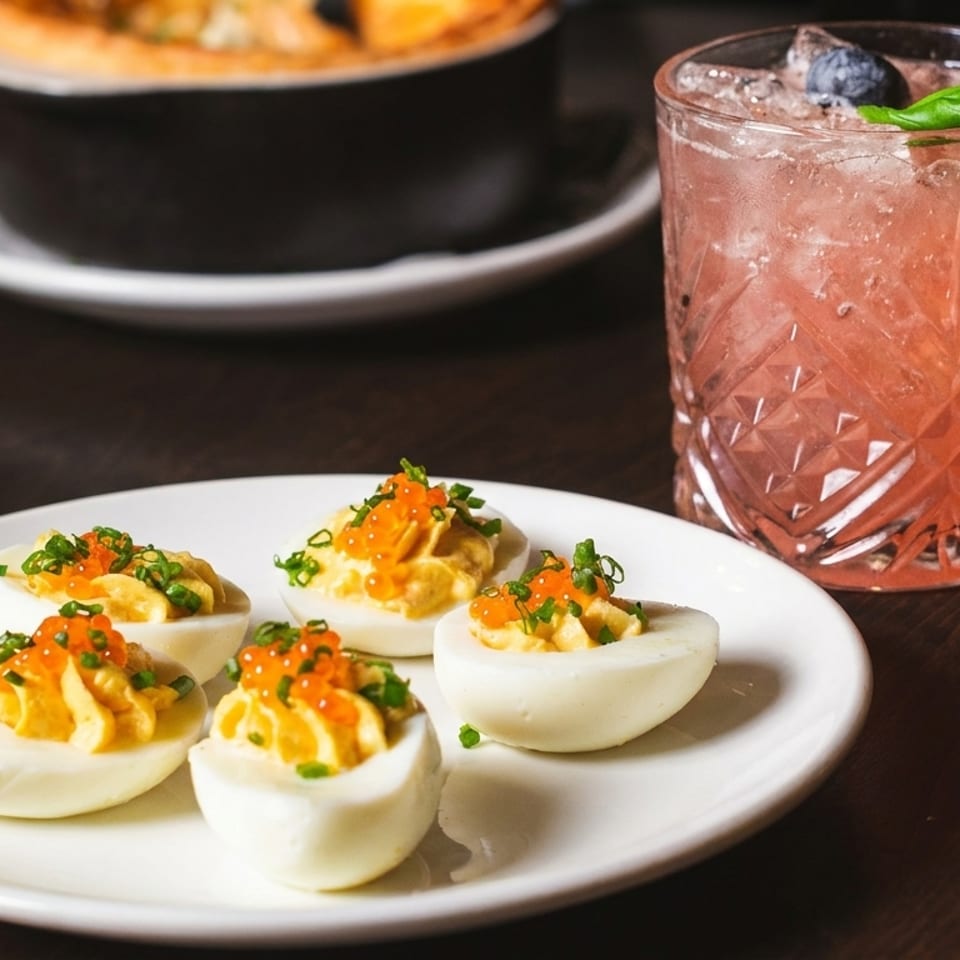 Deviled eggs topped with caviar and chives on a white plate, next to a pink cocktail.
